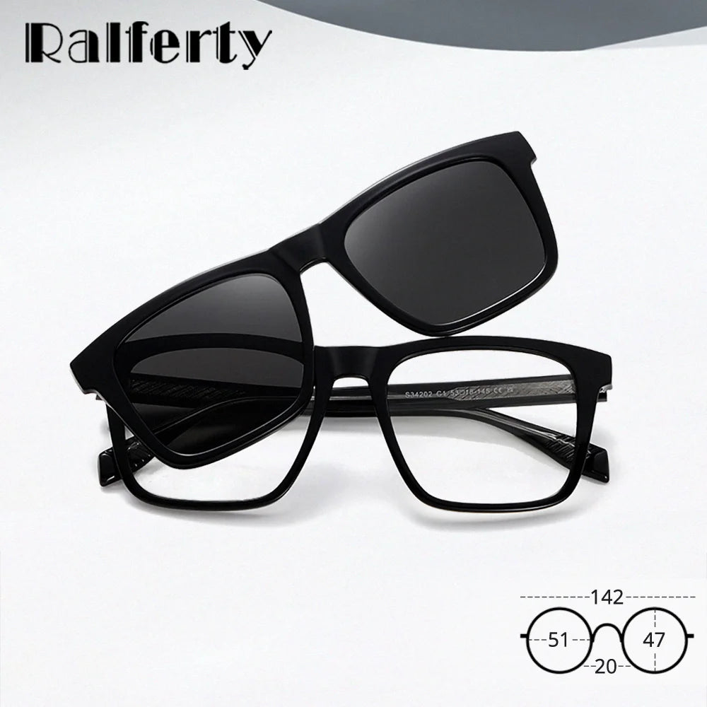 Ralferty Unisex Full Rim Square Tr 90 Alloy Eyeglasses Clip On Sunglasses 334202