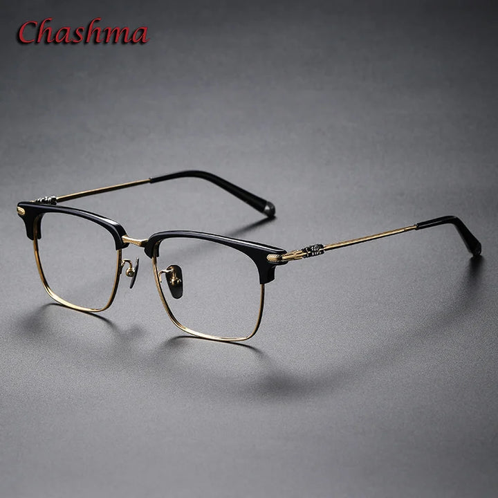 Chashma Ochki Unisex Full Rim Square Acetate Titanium Eyeglasses 19339 Full Rim Chashma Ochki Black Gold  