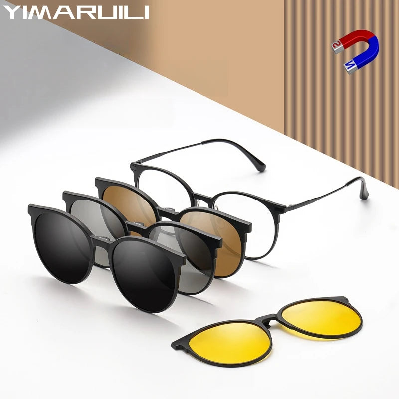 Yimaruili Unisex Full Rim Round Tr 90 Titanium Eyeglasses Clip On Sunglasses Y93012 With Clip Ons Yimaruili Eyeglasses   