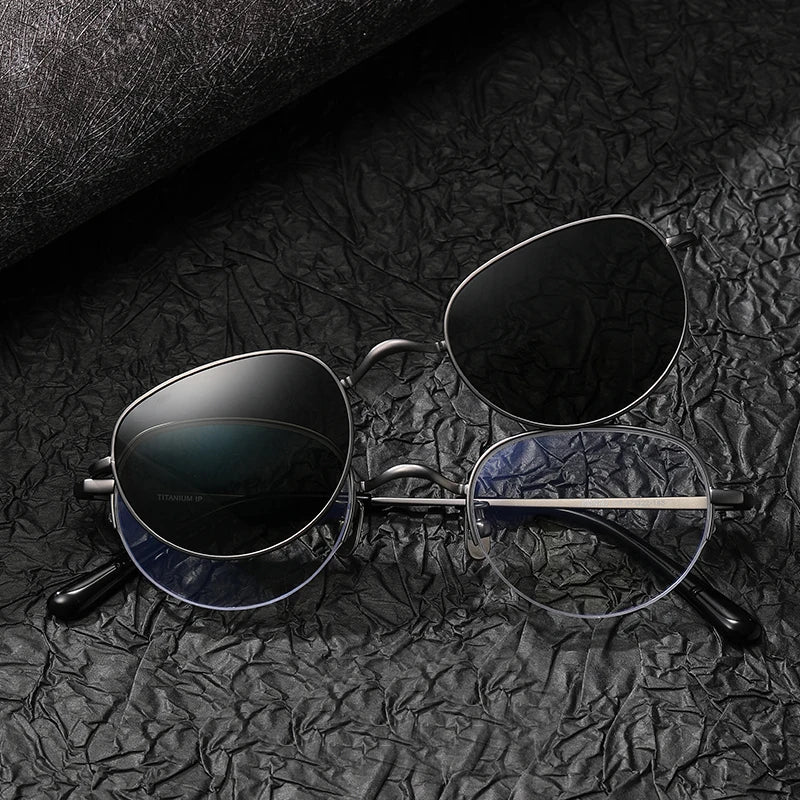 Black Mask Women's Full Rim Oval Square Titanium Eyeglasses Clip On Sunglasses 884447