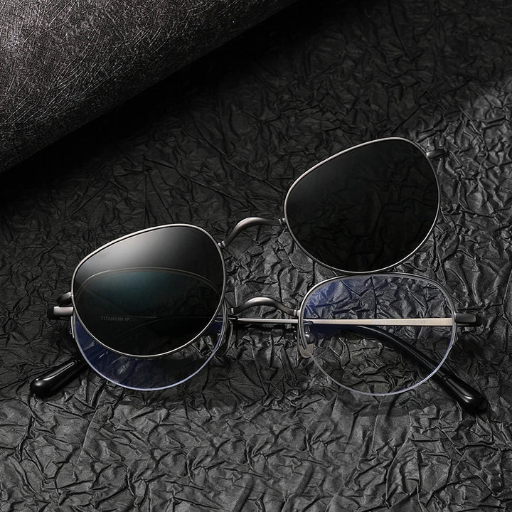 Black Mask Women's Full Rim Oval Square Titanium Eyeglasses Clip On Sunglasses 884447