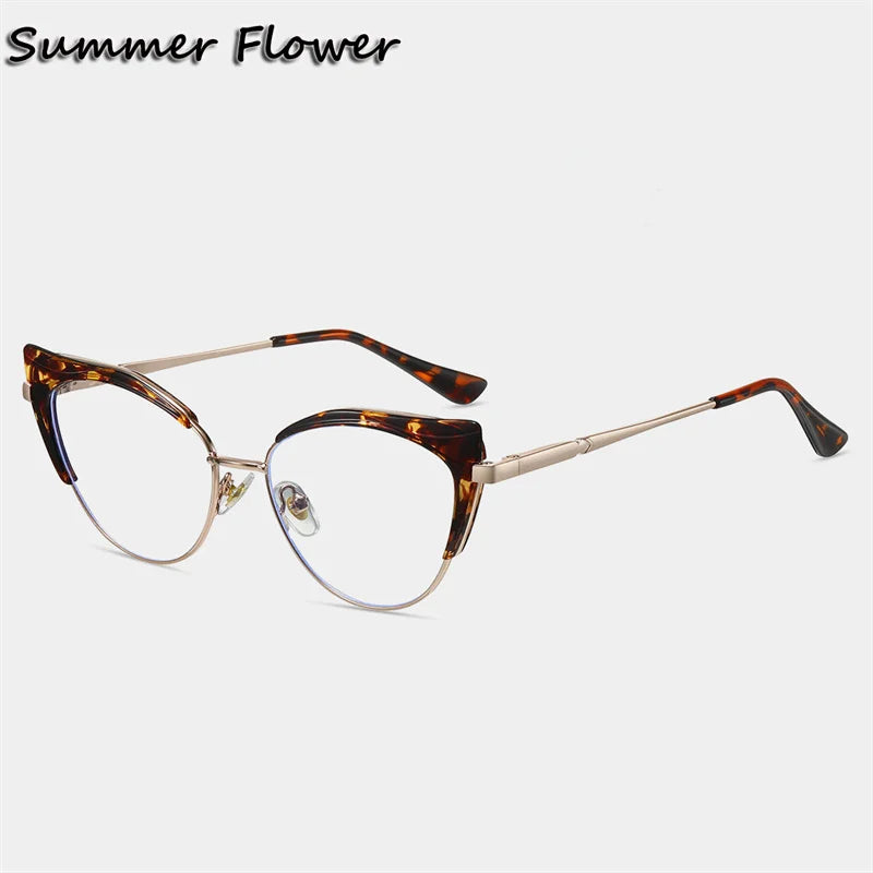 Summer Flower Women's Full Rim Oval Cat Eye Tr 90 Alloy Eyeglasses 87329 Full Rim Summer Flower Leopard