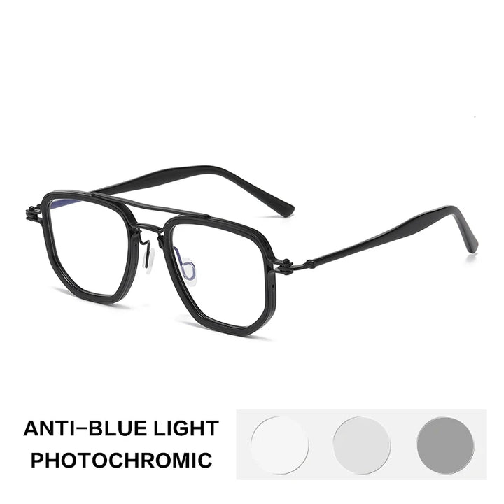 Gatenac Unisex Full Rim Big Square Double Bridge Acetate Titanium Photochromic Reading Glasses 58768