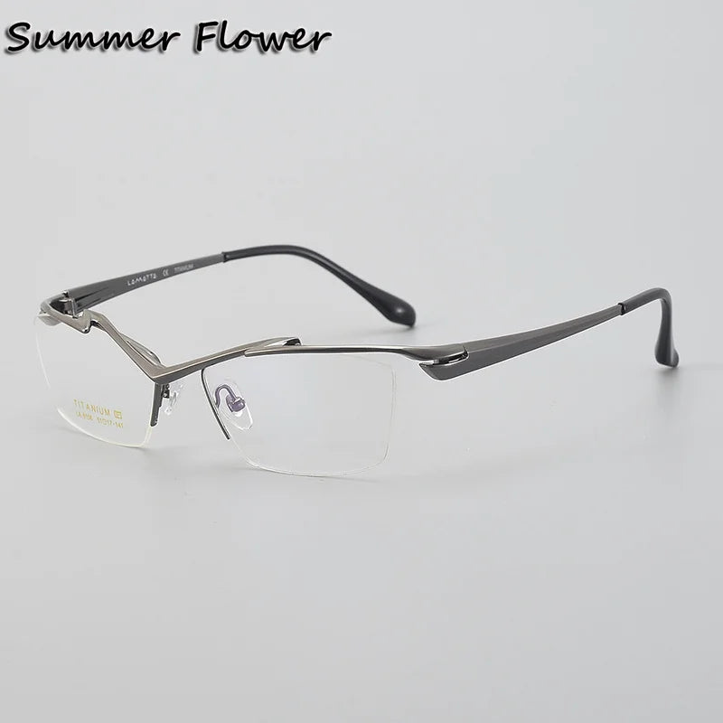 Summer Flower Unisex Semi Rim Square Brow Line Titanium Eyeglasses 86158 Semi Rim Summer Flower Gun Gray