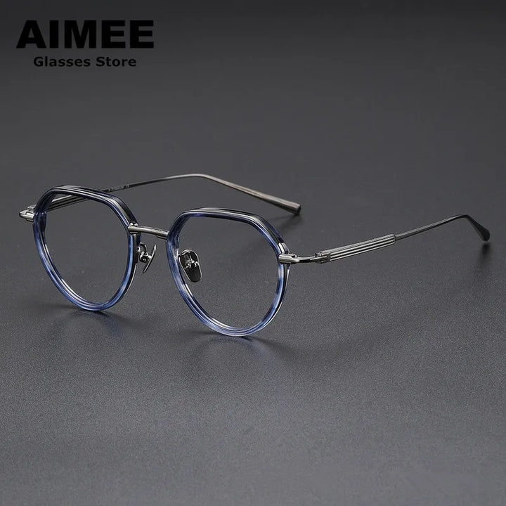 Aimee Unisex Full Rim Flat Top Round Titanium Acetate Eyeglasses 6701 Full Rim Aimee Blue-Tortoise  