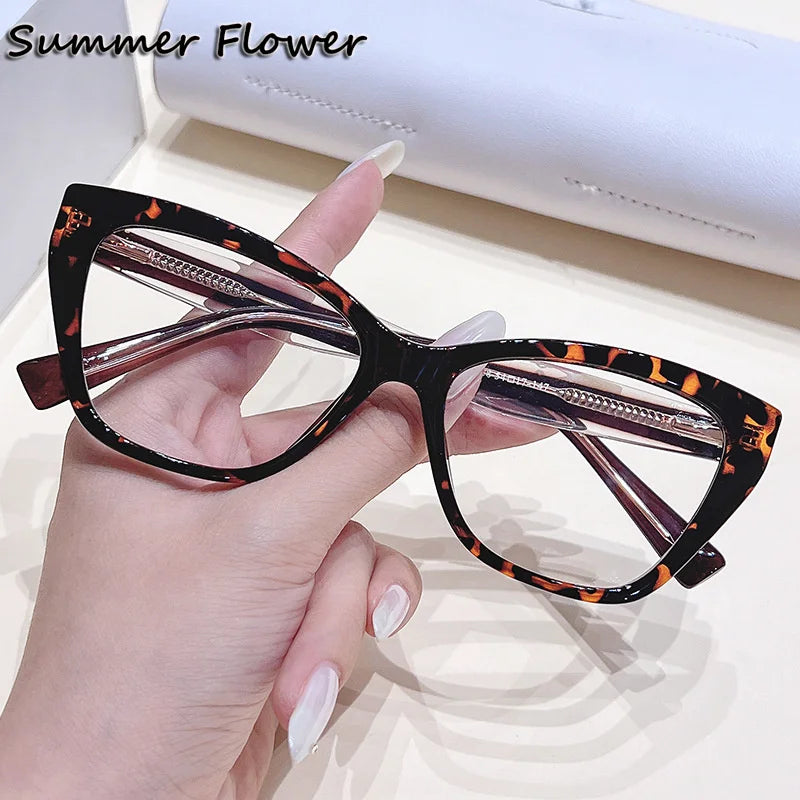 Summer Flower Women's Full Rim Square Cat Eye Tr 90 Titanium Eyeglasses 76034 Full Rim Summer Flower Leopard