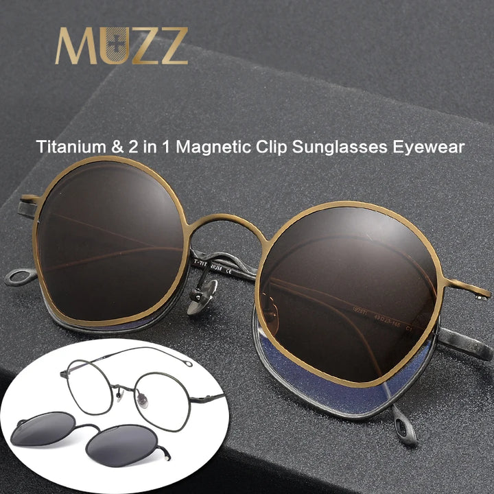 Muzz Unisex Full Rim Flat Bottom Round Titanium Eyeglasses Clip On Sunglasses 41925 With Clip Ons Muzz