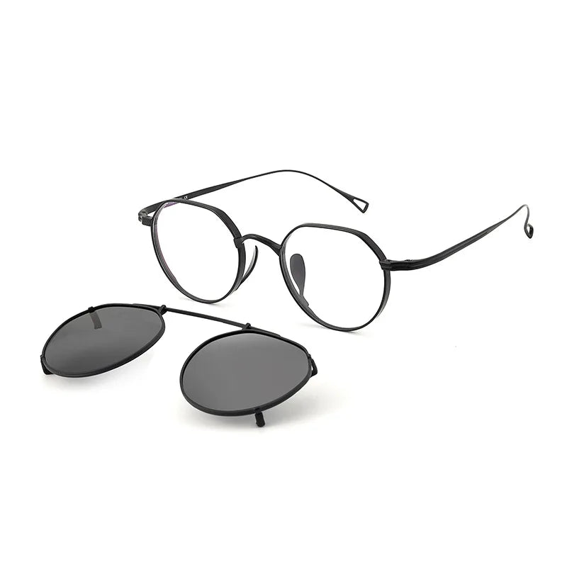 Bobbie Unisex Full Rim Flat Top Oval Titanium Eyeglasses Clip On Sunglasses 619916