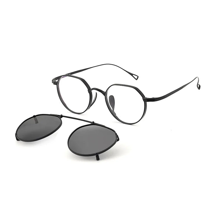 Bobbie Unisex Full Rim Flat Top Oval Titanium Eyeglasses Clip On Sunglasses 619916