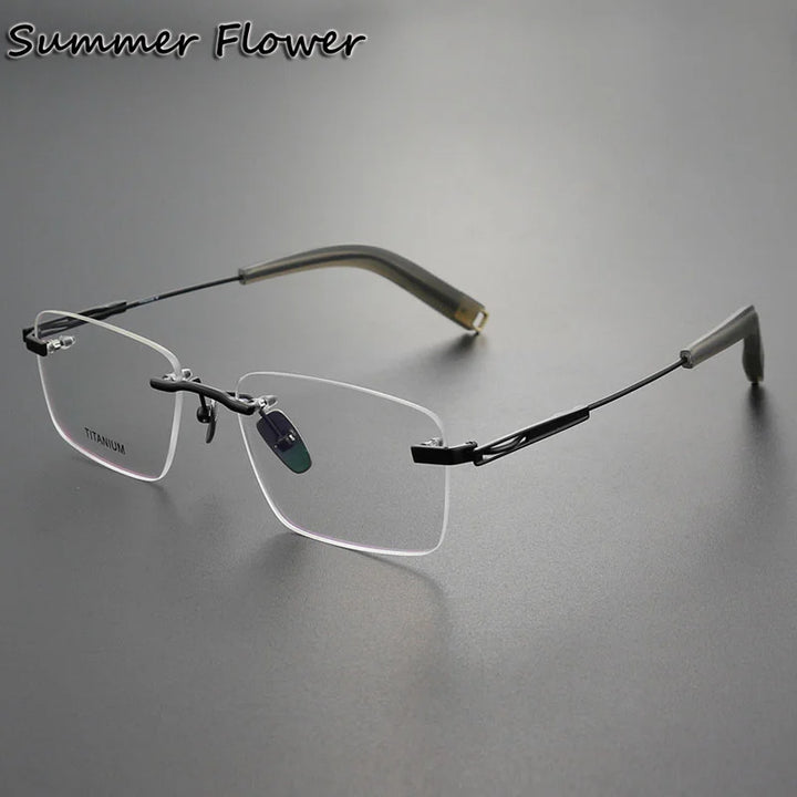 Summer Flower Women's Rimless Square Titanium Eyeglasses 82312 Rimless Summer Flower Black