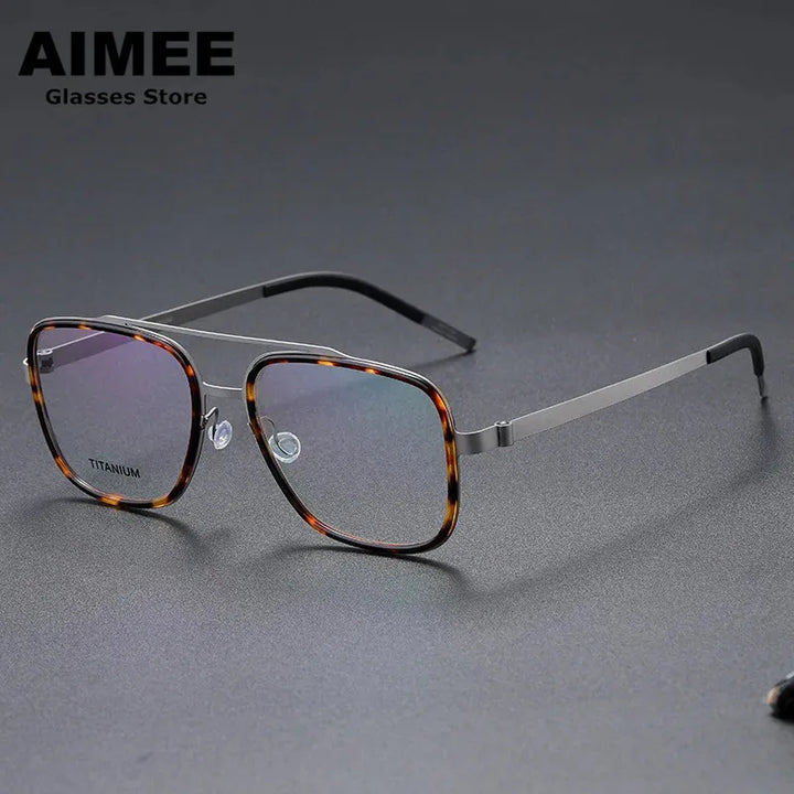 Aimee Unisex Full Rim Square Double Bridge Titanium Acetate Eyeglasses 9911 Full Rim Aimee Tortoise-Gun  