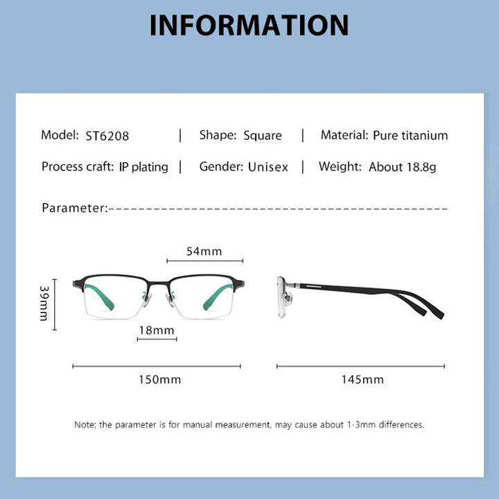 Zirosat Men's Semi Rim Square Tr 90 Titanium Eyeglasses St6208 Semi Rim Zirosat   
