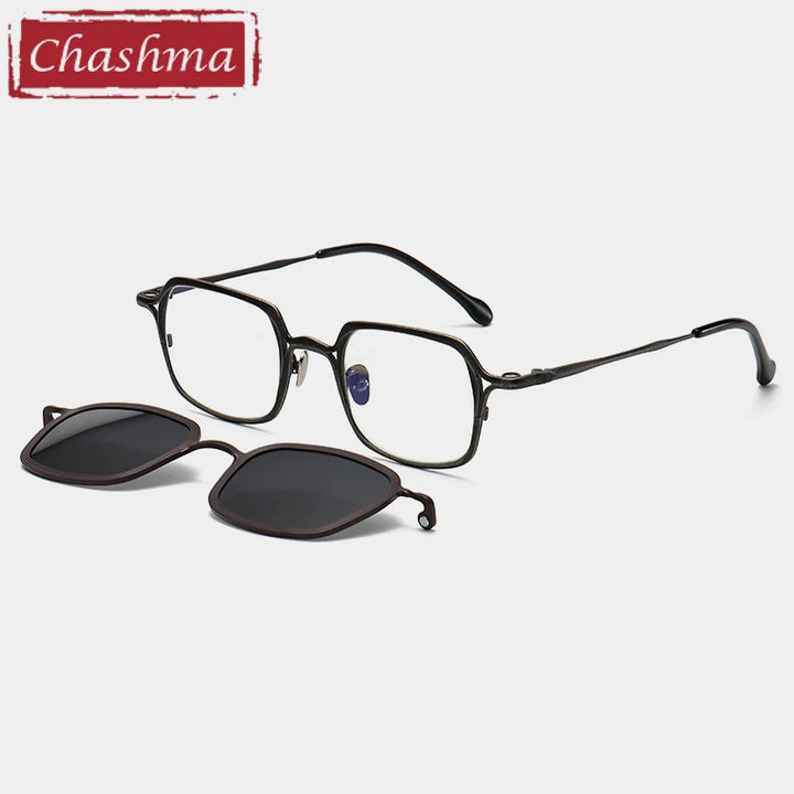 Chashma Ochki Unisex Full Rim Square Titanium Eyeglasses Clip On Sunglasses 885969