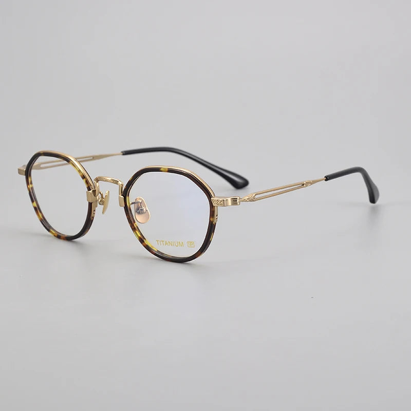 Black Mask Unisex Full Rim Irregular Round Titanium Eyeglasses E053 Full Rim Black Mask Tortoise-Gold  