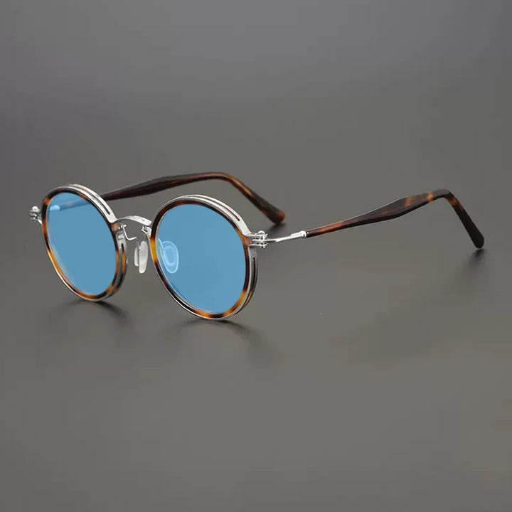 Gatenac Unisex Full Rim Round Polarized Acetate Titanium Sunglasses Mo10  FuzWeb  Silver Blue  