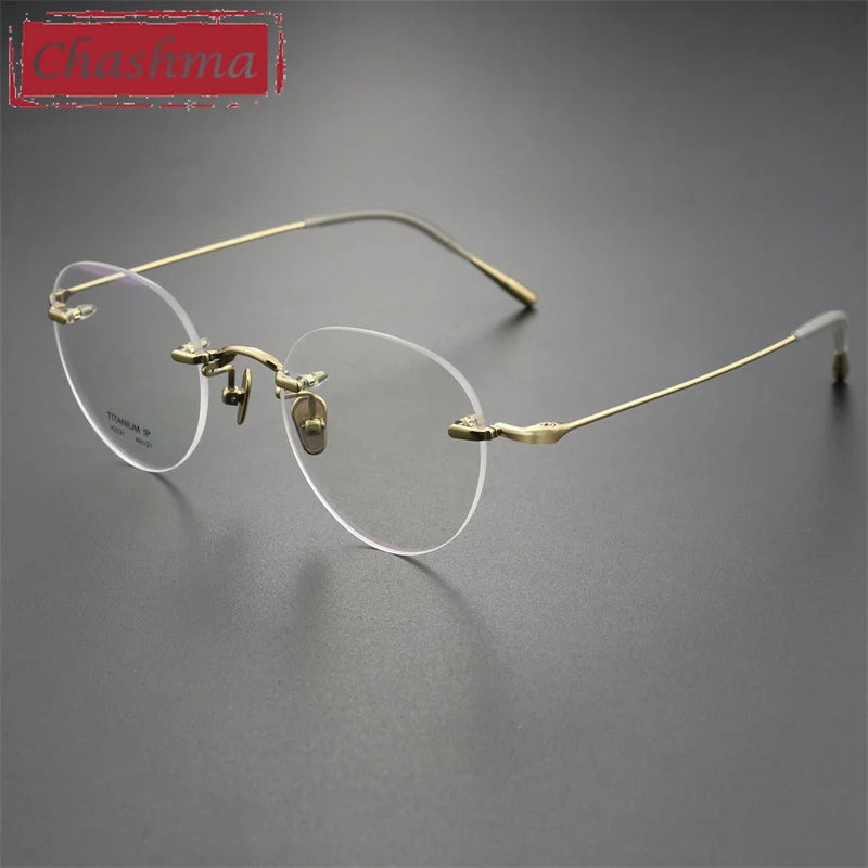 Chashma Ottica Unisex Rimless Octagon Round Titanium Eyeglasses 2321 Rimless Chashma Ottica Gold  
