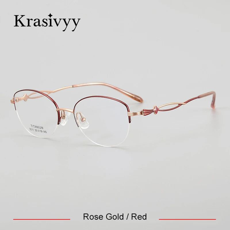 Krasivyy Women's Semi Rim Oval Round Titanium Eyeglasses 443011 Semi Rim Krasivyy Rose Gold Red  