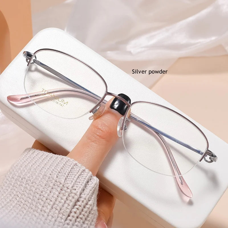 KatKani Women's Semi Rim Square Titanium Eyeglasses S7018 Semi Rim KatKani Eyeglasses Silver powder  