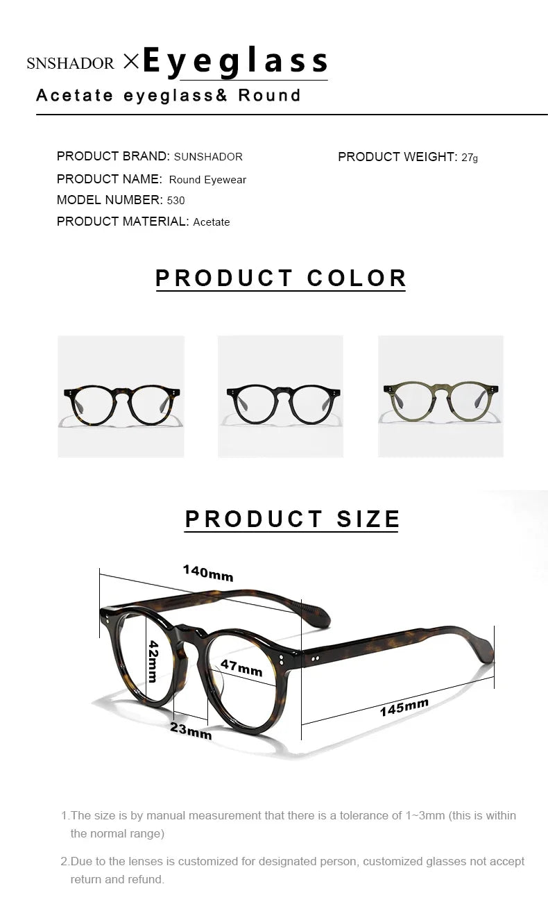 Hewei Unisex Full Rim Round Thick Acetate Alloy Eyeglasses 44532 Full Rim Hewei   