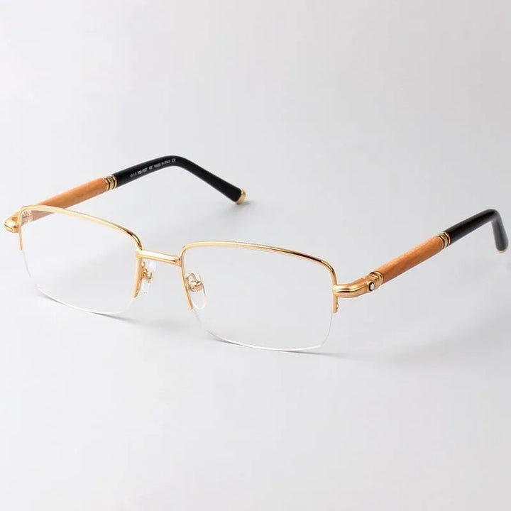 Chashma Ochki Unisex Semi Rim Square Titanium Wood Eyeglasses 84534 Semi Rim Chashma Ochki Gold  