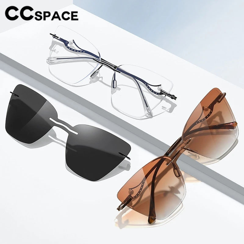 CCspace Women's Rimless Cat Eye Alloy Eyeglasses Clip On Sunglasses 302128 With Clip Ons CCspace   