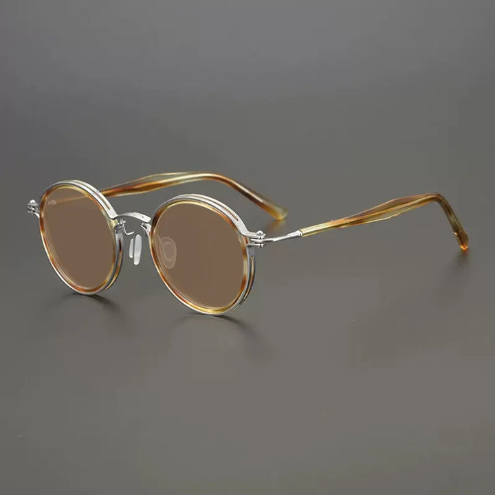 Gatenac Unisex Full Rim Round Polarized Acetate Titanium Sunglasses Mo10  FuzWeb  Flax Brown  