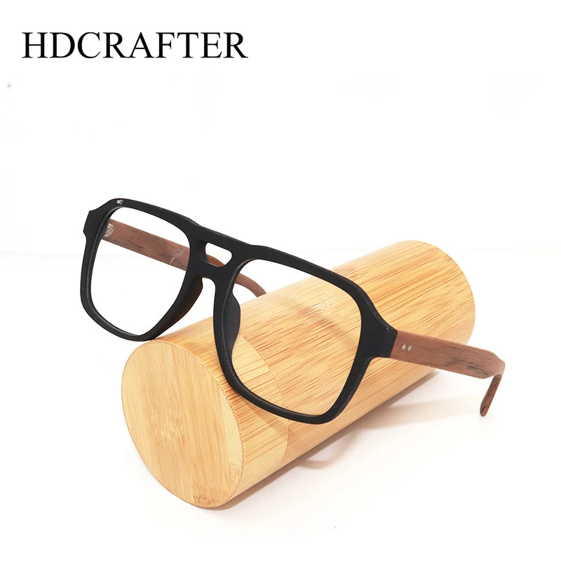 Hdcrafter Men's Full Rim Square Double Bridge Wood Eyeglasses 48187 Full Rim Hdcrafter Eyeglasses