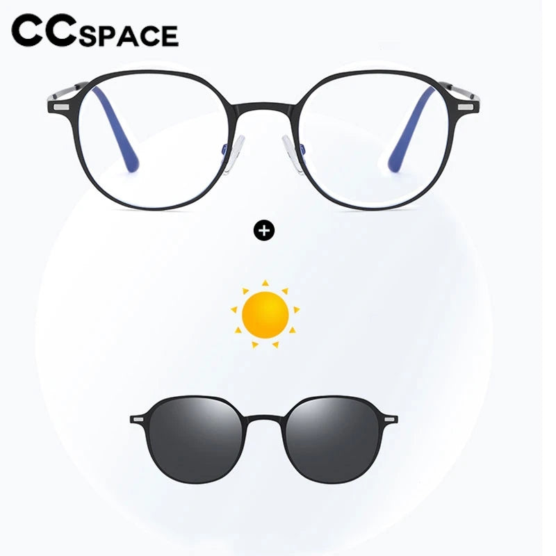 CCspace Women's Full Rim Round Alloy Eyeglasses Clip On Sunglasses 302078 With Clip Ons CCspace   