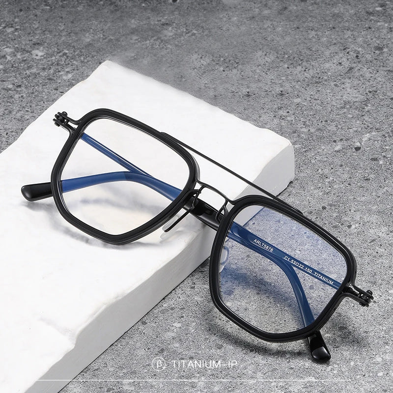 Black Mask Men's Full Rim Square Double Bridge Titanium Acetate Eyeglasses 365876