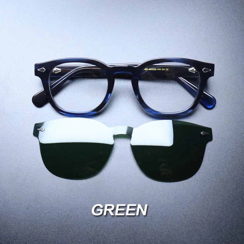 Gatenac Unisex Full Rim Round Acetate Optional Clip On Sunglasses 1237 Clip On Sunglasses Gatenac Blue Green  