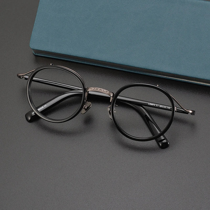 Black Mask Unisex Full Rim Big Round Titanium Acetate Eyeglasses 982027