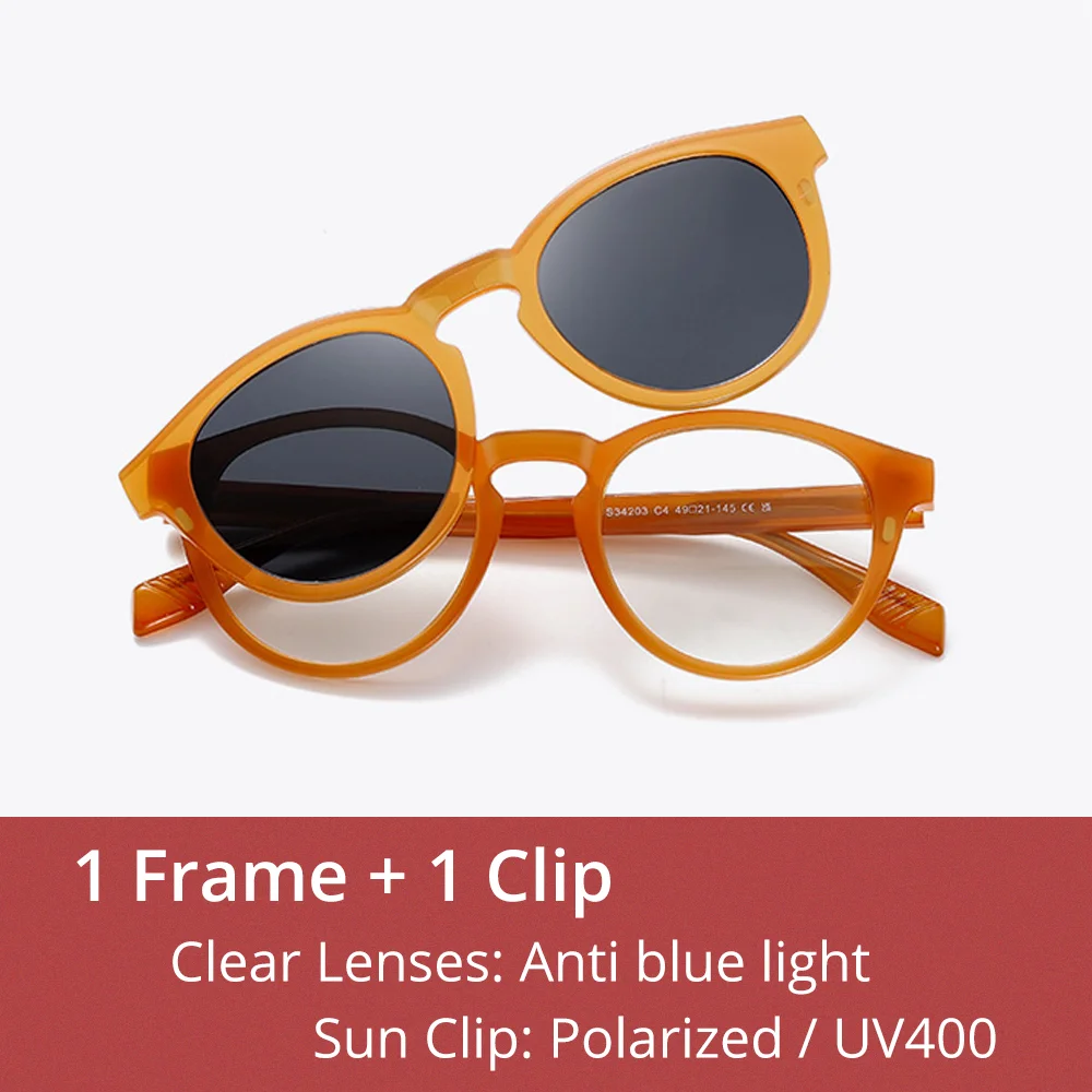 Ralferty Unisex Full Rim Round Acetate Eyeglasses Clip On Sunglasses 334203