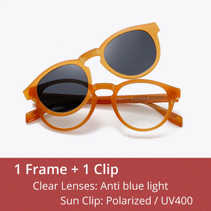 Ralferty Unisex Full Rim Round Acetate Eyeglasses Clip On Sunglasses 334203