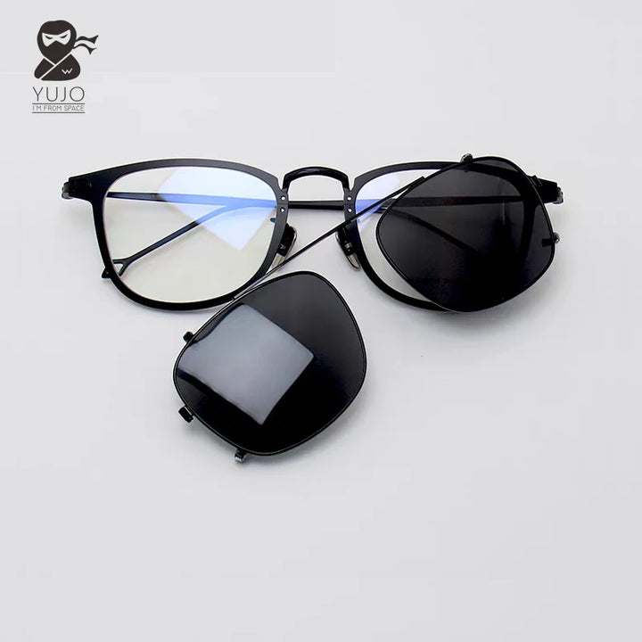 Yujo Men's Full Rim Square Titanium Eyeglasses Clip On Sunglasses 583148