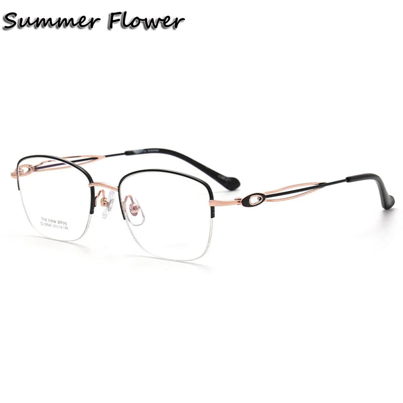 Summer Flower Women's Semi Rim Square Titanium Eyeglasses 50045 Semi Rim Summer Flower Black-Rose Gold