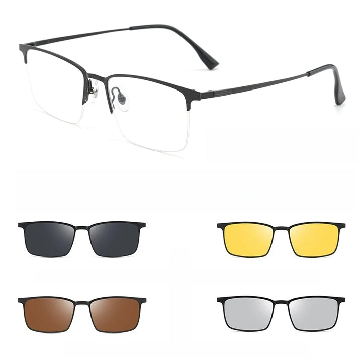 Yimaruili Men's Full Rim Square Titanium Eyeglasses Clip On Sunglasses 80084