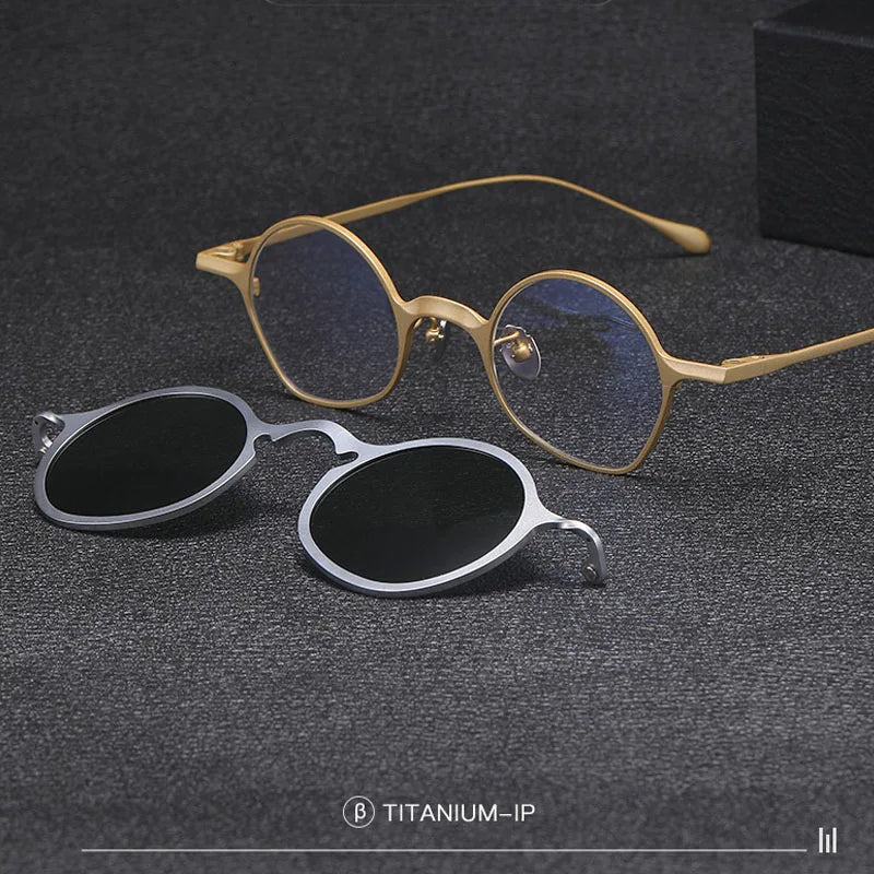 Yujo Unisex Full Rim Irregular Round Titanium Eyeglasses Clip On Sunglasses 148583