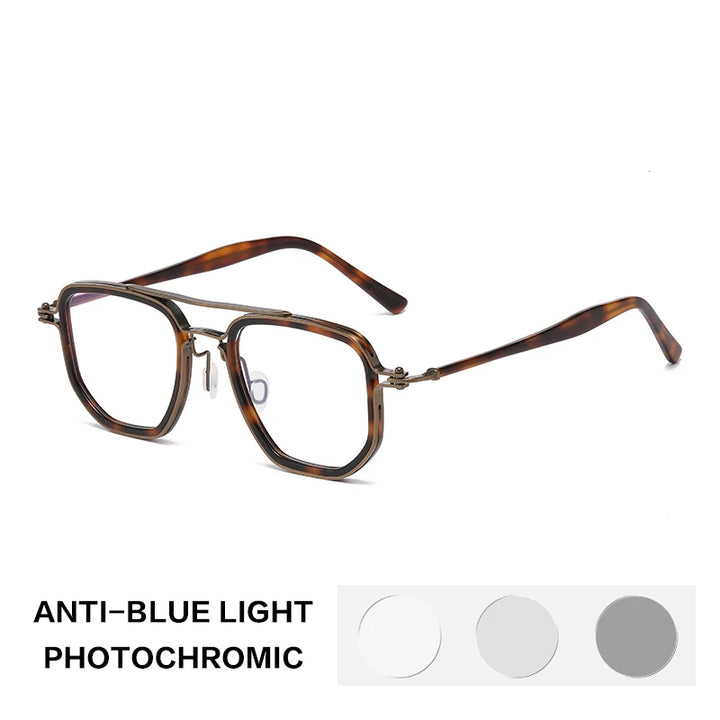 Gatenac Unisex Full Rim Big Square Double Bridge Acetate Titanium Photochromic Reading Glasses 58768