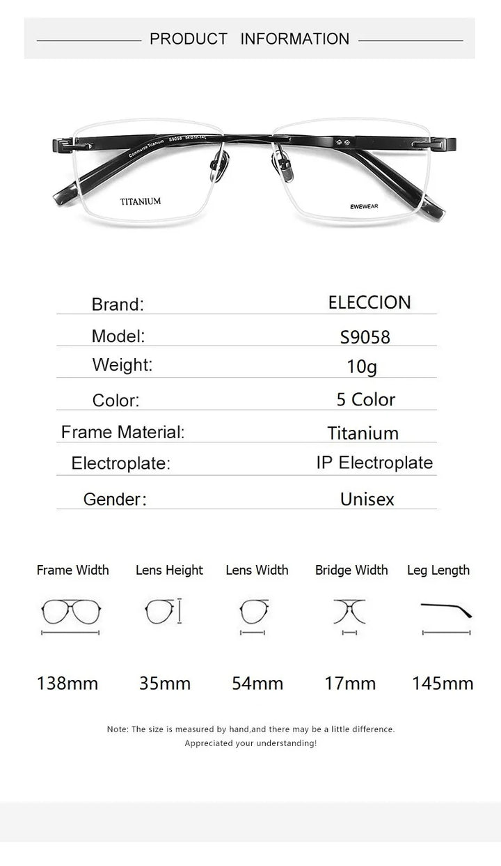 Eleccion Unisex Rimless Square Titanium Eyeglasses 9058