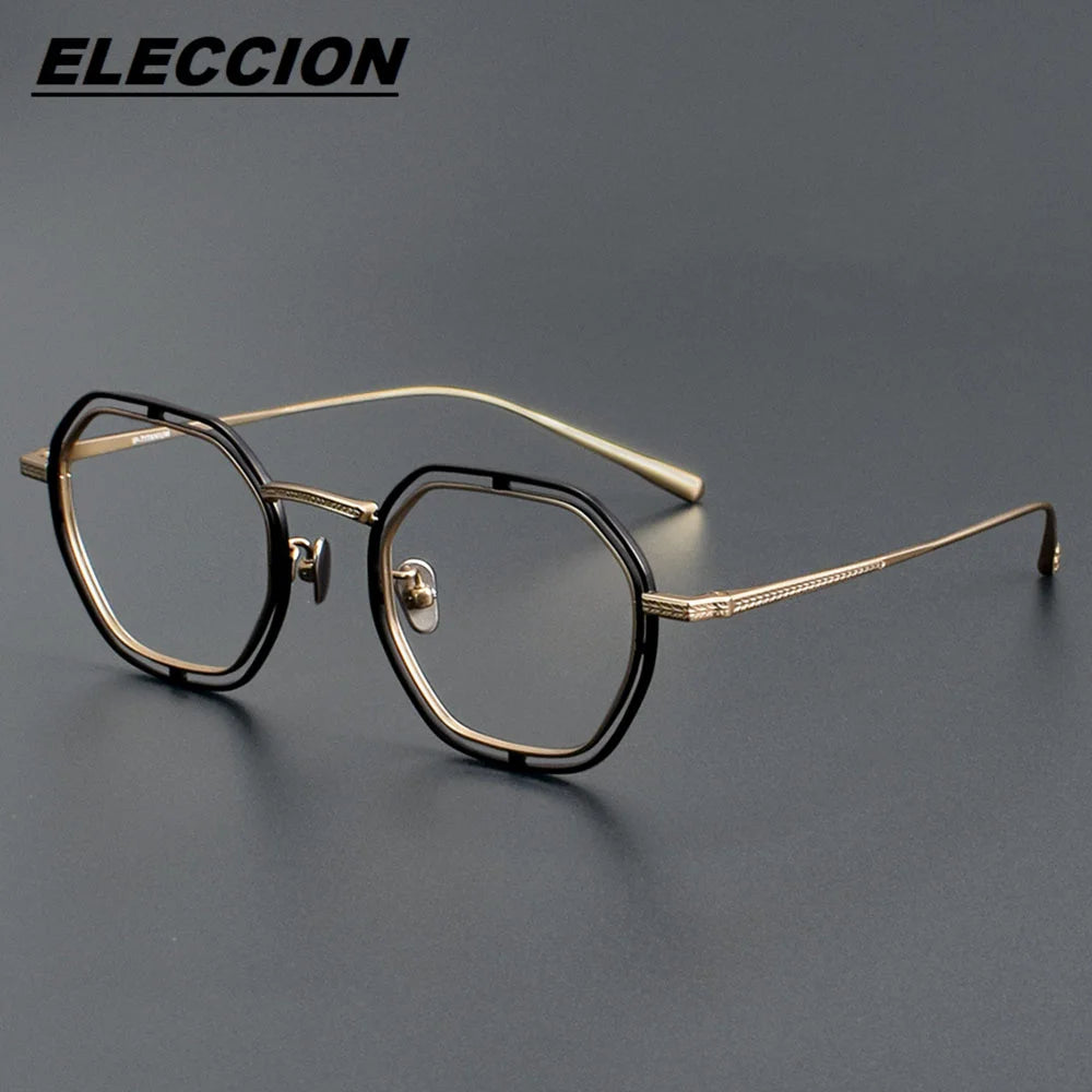 Eleccion Unisex Full Rim Flat Top Polygon Titanium Eyeglasses 44158 Full Rim Eleccion Black - Gold