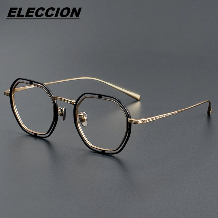 Eleccion Unisex Full Rim Flat Top Polygon Titanium Eyeglasses 44158 Full Rim Eleccion Black - Gold