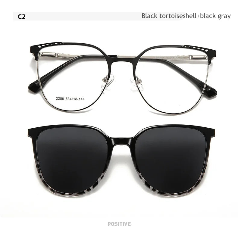 KatKani Womens Full Rim Cat Eye Alloy  Eyeglasses With Clip On Sunglasses 2258 Clip On Sunglasses KatKani Eyeglasses Black tortoiseshell  