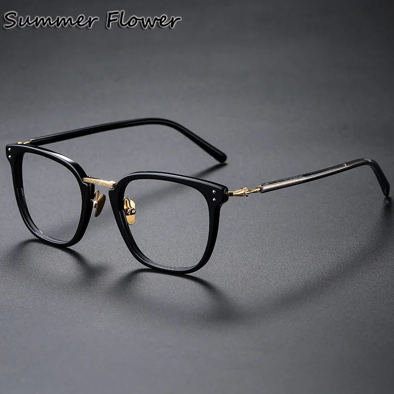 Summer Flower Unisex Full Rim Square Acetate Titanium Eyeglasses 84820 Full Rim Summer Flower Black Gold