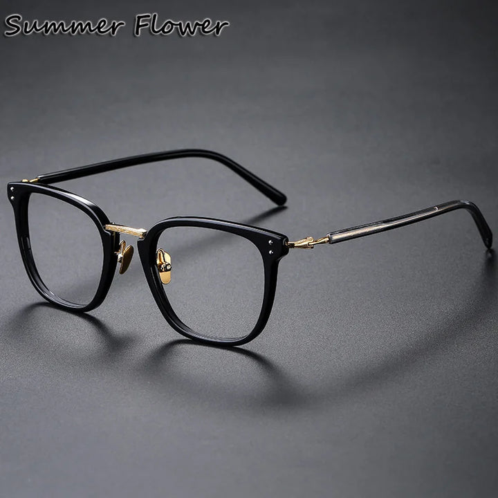 Summer Flower Unisex Full Rim Square Acetate Titanium Eyeglasses 84820 Full Rim Summer Flower Black Gold