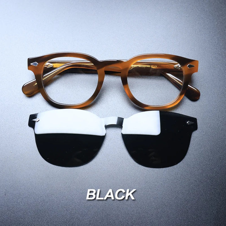 Gatenac Unisex Full Rim Round Acetate Optional Clip On Sunglasses 1237 Clip On Sunglasses Gatenac Turtle Black  