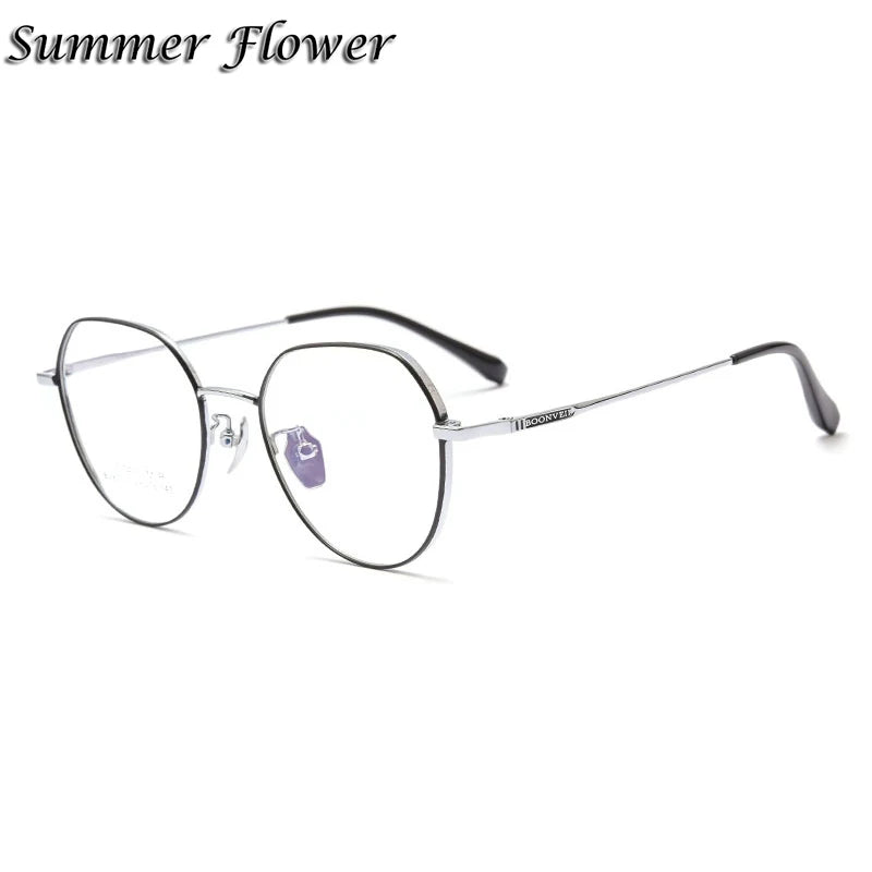 Summer Flower Women's Full Rim Flat Top Oval Titanium Eyeglasses 87007 Full Rim Summer Flower Black Silver