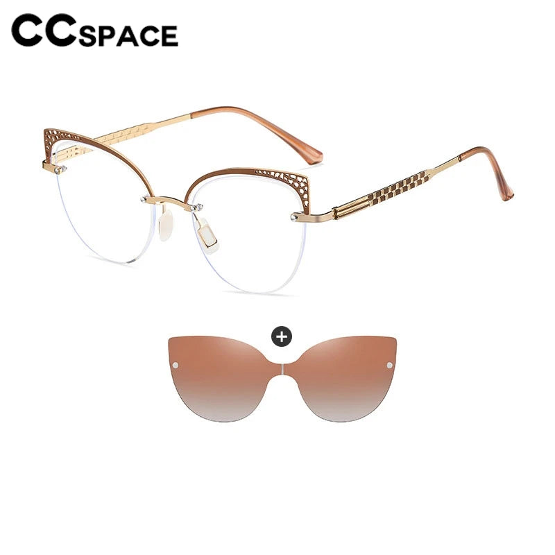 CCSpace Women's Full Rim Oval Cat Eye Alloy Eyeglasses Clip On Sunglasses 302035 With Clip Ons CCspace   