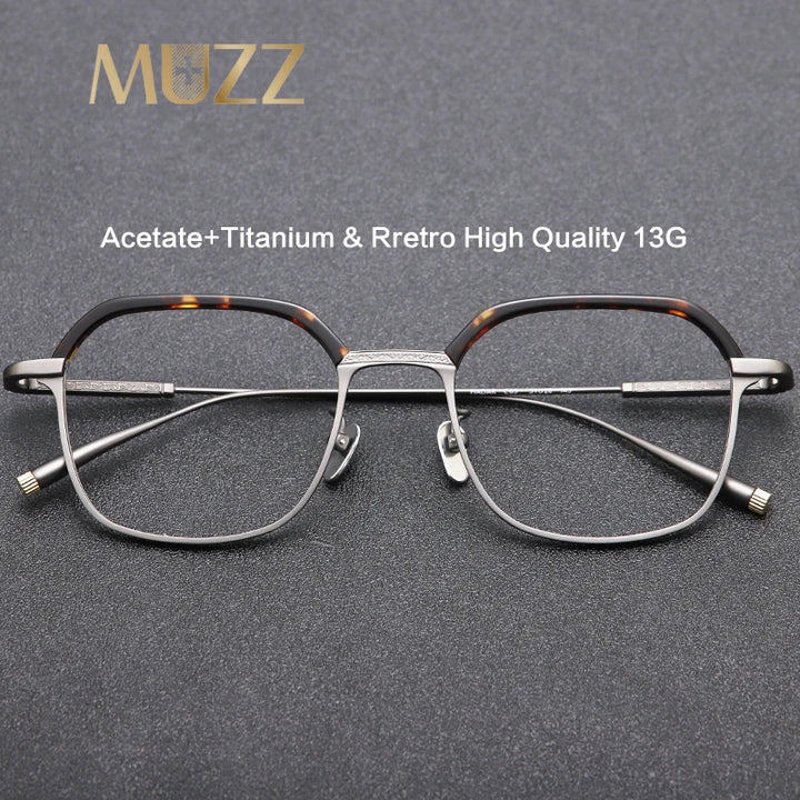 Muzz Men's Full Rim Flat Top Polygon Acetate Titanium Eyeglasses 14342