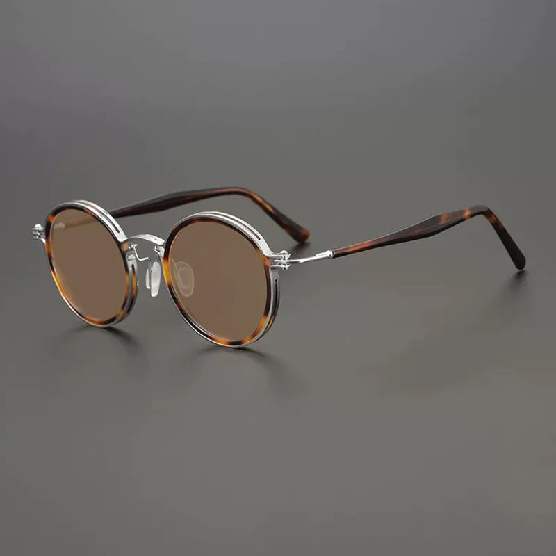 Gatenac Unisex Full Rim Round Polarized Acetate Titanium Sunglasses Mo10  FuzWeb  Silver Brown  