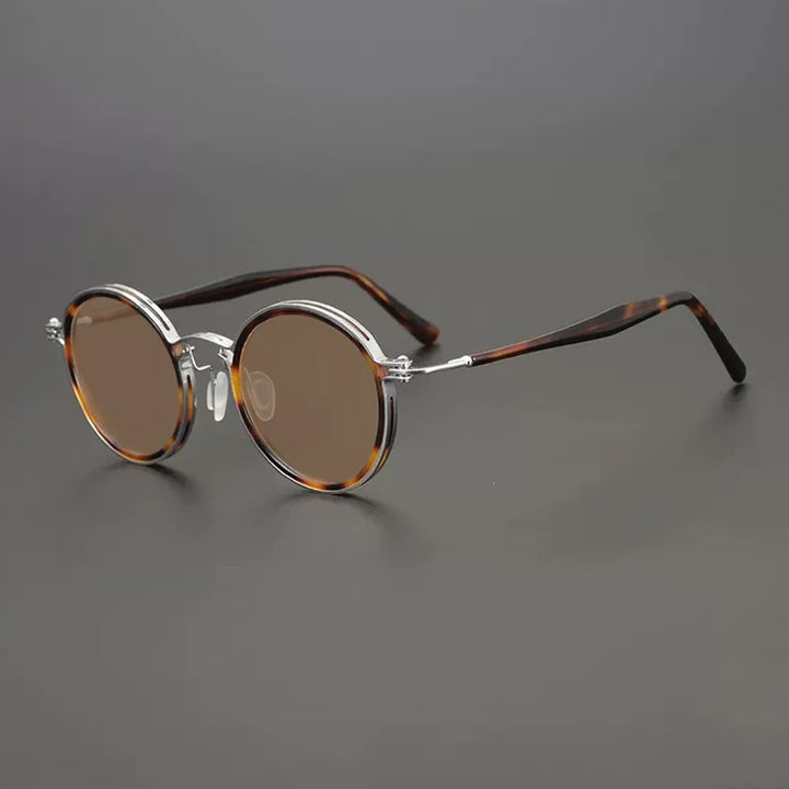 Gatenac Unisex Full Rim Round Polarized Acetate Titanium Sunglasses Mo10  FuzWeb  Silver Brown  